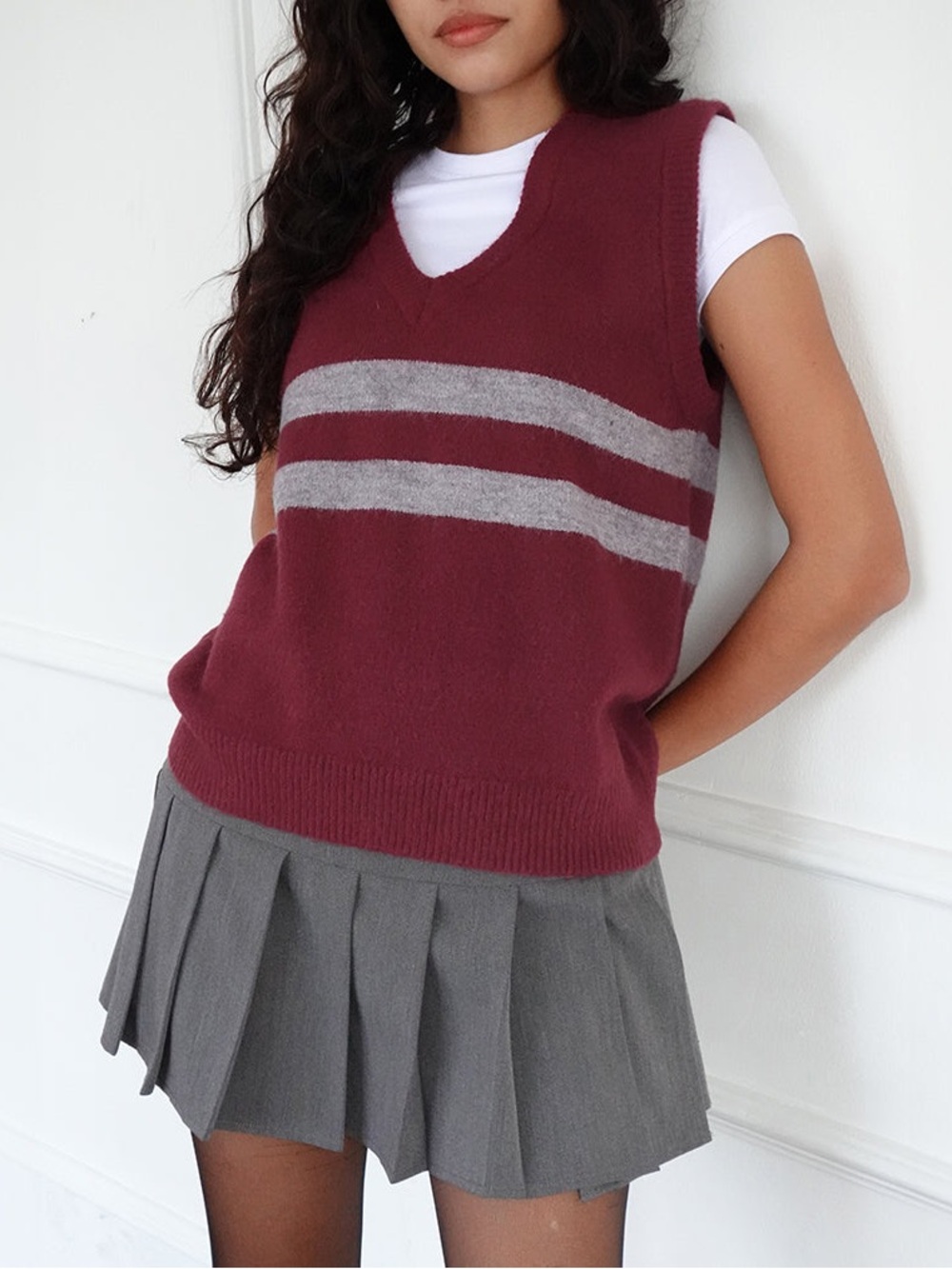 Motel Burgundy Knit V-Neck Vest with Gray Stripes